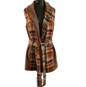 Cato Open Front Plaid Vest Cardigan Sz M Tie Belt Cotton Lagenlook Western